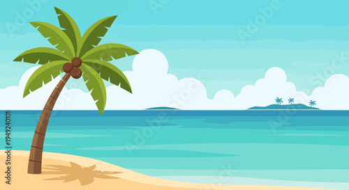 A solitary palm tree stands on a sandy beach.