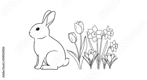 Cute minimal line art bunny with spring flowers, a simple and charming illustration