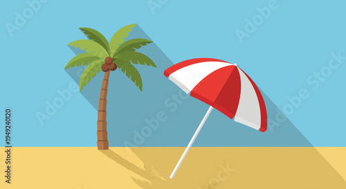 Beach Umbrella and Palm Tree Illustration.