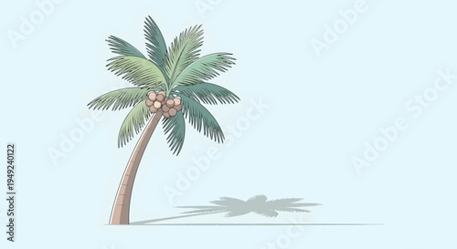 A solitary palm tree with coconuts and a distinct shadow.
