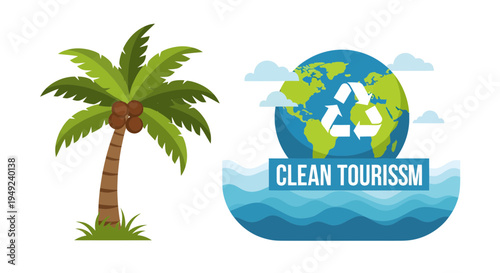 Clean Tourism Concept with Palm Tree and Globe.