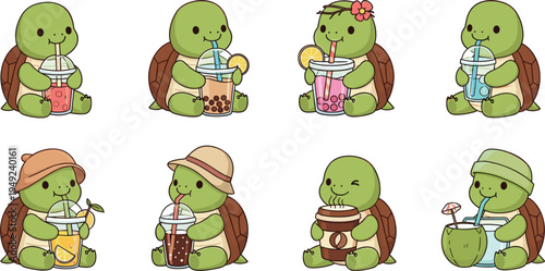 Set of eight cartoon turtles drinking colorful beverages including bubble tea, lemonade and iced coffee for playful children’s vector design projects