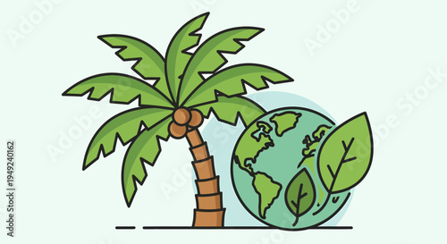 Green Planet Earth with Palm Tree and Leaves Icon.