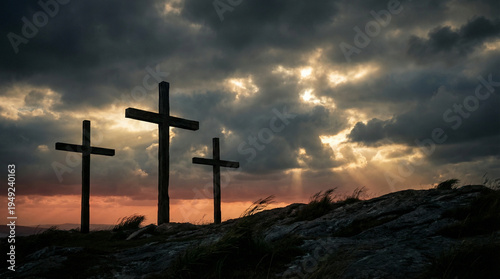 Three Crosses Silhouette with Light Rays Good Friday Christian Background