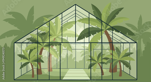 Greenhouse filled with lush palm trees under glass structure.