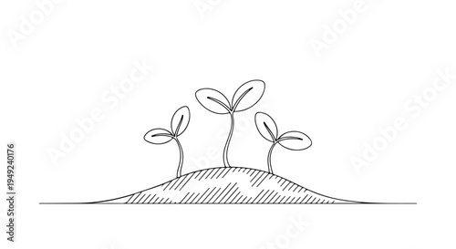 Cute Minimal Line Art Illustration of Spring Sprouts Growing on a Hill