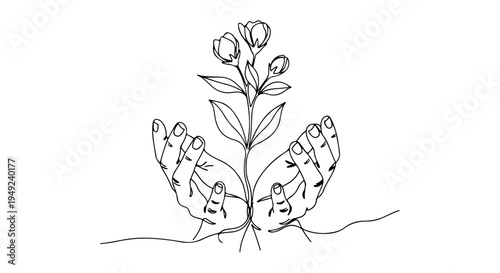 Cute Minimal Line Art Illustration of Spring Growth Held in Delicate Hands