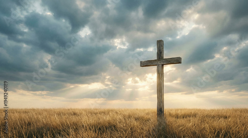 Wooden Cross in Field Under Dramatic Sky Good Friday Faith Background