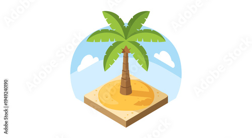 Isolated Tropical Palm Tree on Sandy Island.