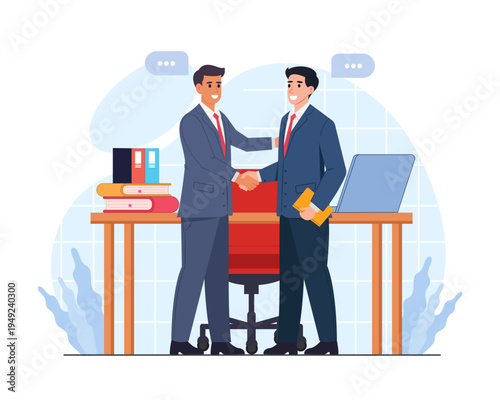 Two businessmen people shaking hands in office after a successful deal signing contract agreement vector illustration
