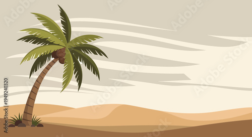 Single Palm Tree in Desert Landscape.