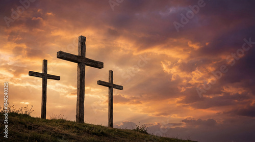 Three Crosses on Hill at Sunset Good Friday Concept with Dramatic Sky Copy Space