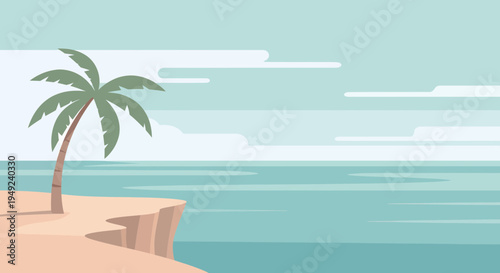 Single palm tree on a sandy cliff overlooking the ocean.