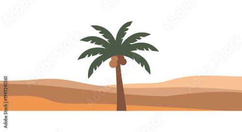 Single Palm Tree with Coconuts in Desert Landscape.