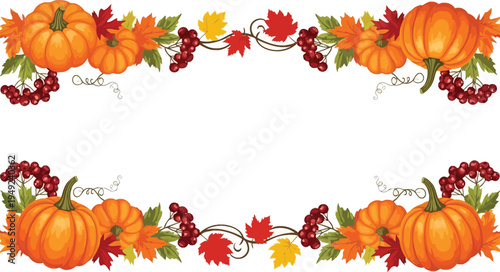 A festive autumn border featuring pumpkins, leaves, and berries on a white background.
