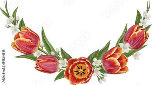 A beautiful floral arrangement of vibrant tulips and white flowers on a clean white background