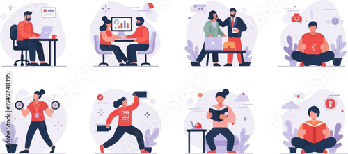 A collection of minimalist illustrations depicting people engaged in various daily activities