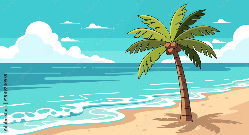 Obraz premium Tropical Palm Tree on Sandy Beach Shoreline 2.
