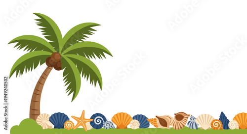 Tropical Palm Tree and Seashells Border Design.