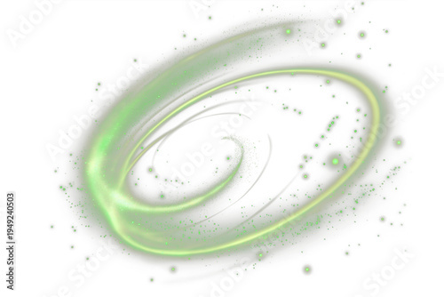 Foto A vibrant swirling green light trail forms an elliptical orbit against a stark b