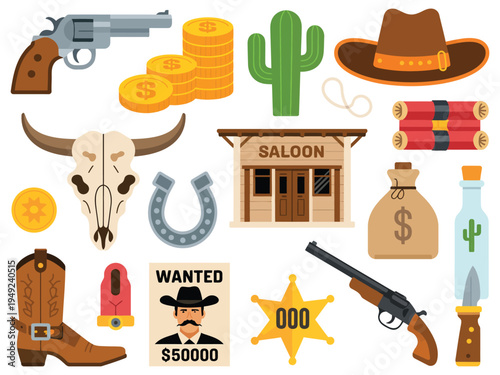 Wild West Cartoon Icons Collection with Cowboy Hat Cactus Dynamite Rodeo Cow Saddle Sheriff Star Cute Cowboy Western Elements Fun Retro Style Vector Illustration Design
