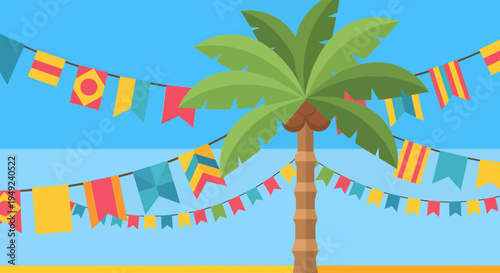 Tropical Palm Tree Decorated with Nautical Flags.