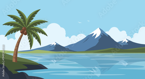 Tropical Palm Tree on a Lush Green Island Shoreline.
