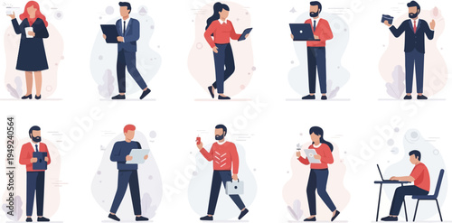 A diverse group of people in business attire engaged in various professional activities