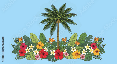 Tropical Palm Tree Surrounded by Vibrant Exotic Flowers.
