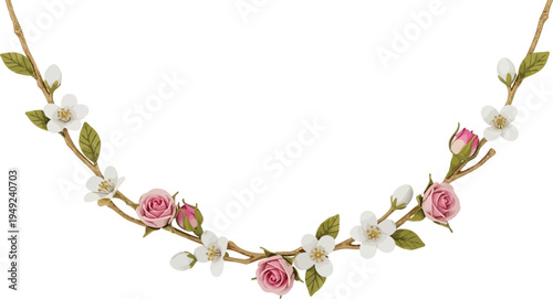 A beautiful floral necklace with pink roses and white flowers on a delicate branch