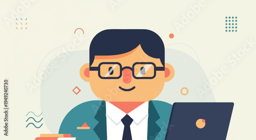 A cartoon man with glasses works on a laptop