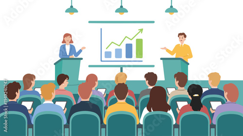 Vector illustration of group of people attending presentation or seminar, business training, teamwork and educational meeting scene