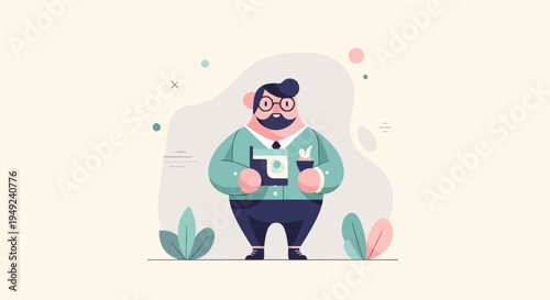A cartoon man with glasses and a mustache holds a camera and a plant