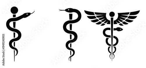 Medical symbols set with rod of Asclepius and caduceus icons, healthcare and pharmaceutical industry emblem collection vector illustration on white background for hospital, clinic, pharmacy and medica
