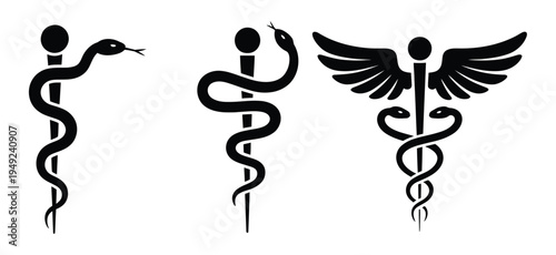 Medical symbols set with rod of Asclepius and caduceus icons, healthcare and pharmaceutical industry signs vector illustration isolated on white background for hospital branding, pharmacy logos and me