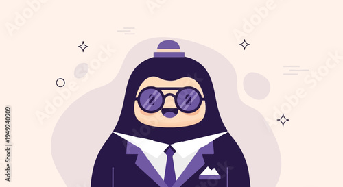 A charming character in a suit and glasses, with a festive background