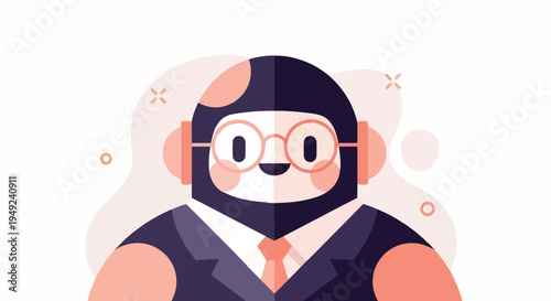 A charming illustrated character in a suit with headphones, glasses, and a tie