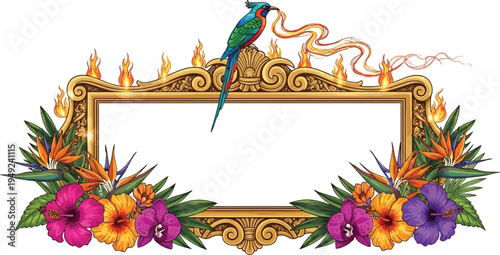 A vibrant parrot perches on an ornate gold frame surrounded by colorful tropical flowers and flames.