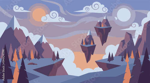 Stylized fantasy landscape with floating islands, mountains, and celestial bodies