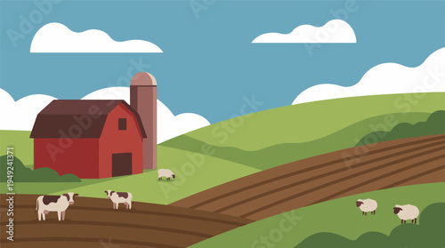 Rural farm landscape illustration with barn, silo, cows, sheep, and fields