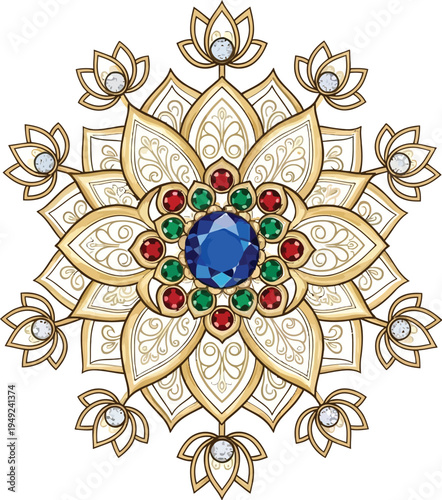 A beautifully designed gold and gemstone brooch with a blue centerpiece and intricate floral patterns