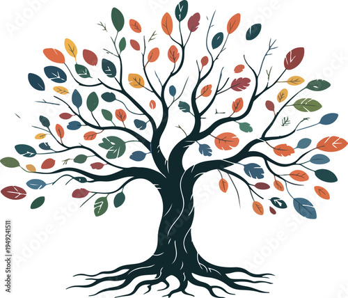 Colorful vector illustration of Tree of Life with roots and vibrant leaves, symbolic nature and growth concept in minimal style