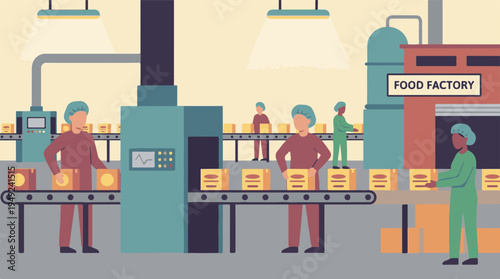 Food factory production line with workers packaging products on conveyor belt