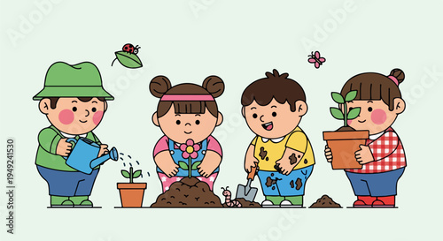 Four cute cartoon children happily engaged in various gardening activities like planting, watering, and nurturing plants.