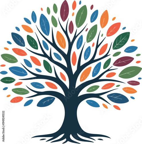 Colorful vector illustration of Tree of Life with roots and vibrant leaves, symbolic nature and growth concept in minimal style