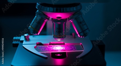 Close-up of a microscope with pink illumination, highlighting a slide with detailed cellular structures