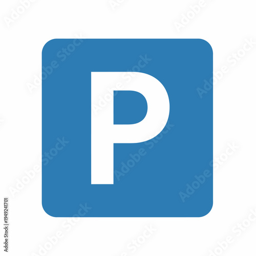 Parking sign with the letter P in white within a blue square, indicating a designated parking area