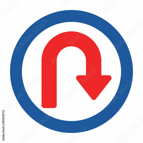 U-turn road sign. A red U-turn arrow set against a blue and white circular background. Sign symbolizes making a U-turn on the road.