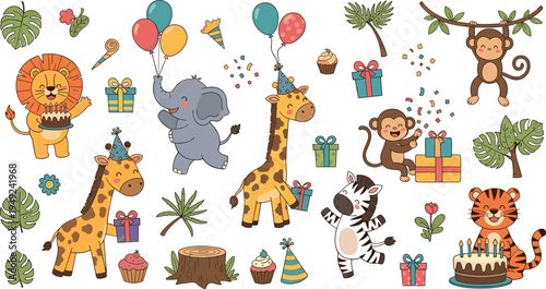 Photography Cute Cartoon Jungle Animals Birthday Party Collection with Lion, Elephant, Giraf