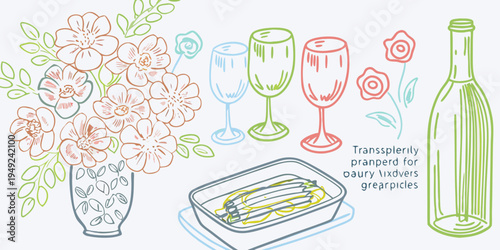 Hand drawn illustration of flowers glassware and a seafood platter